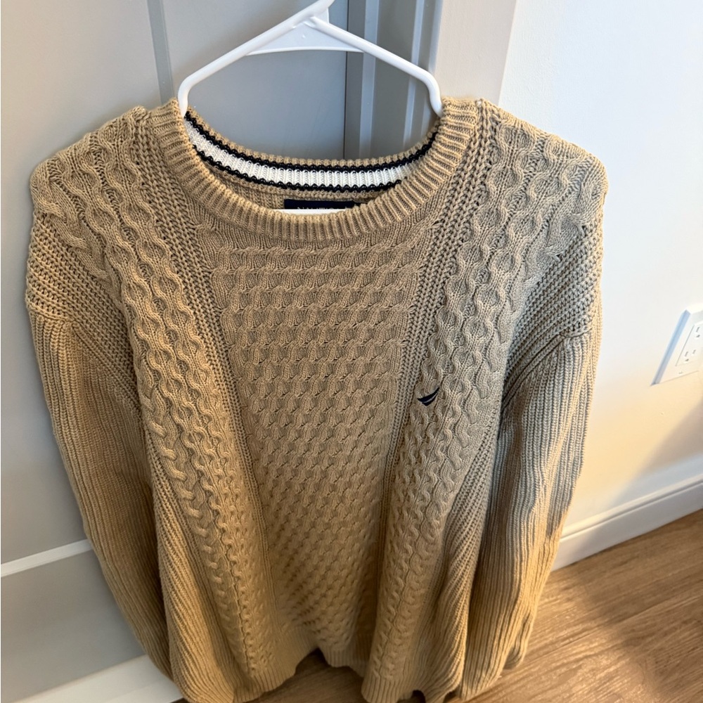 Nautica Men's Tan Cable Knit Crewneck Sweater